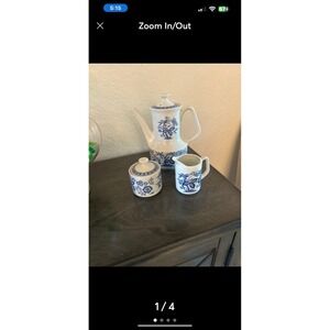 Kanesho Fine China Tea Set - Royal Blue Onion Food‎ Tea Pot with Sugar & Creamer